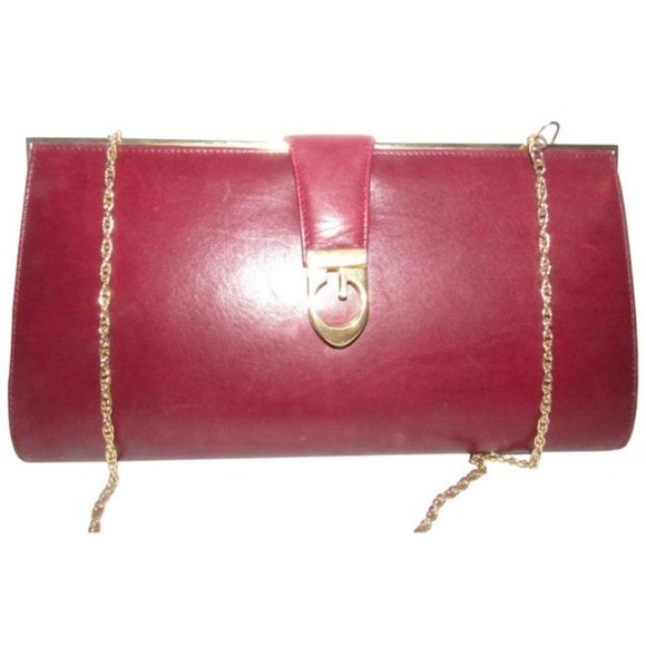 Gucci Dark Red Leather Two-Way Clutch W Gold Chain Strap - Picture 1 of 12